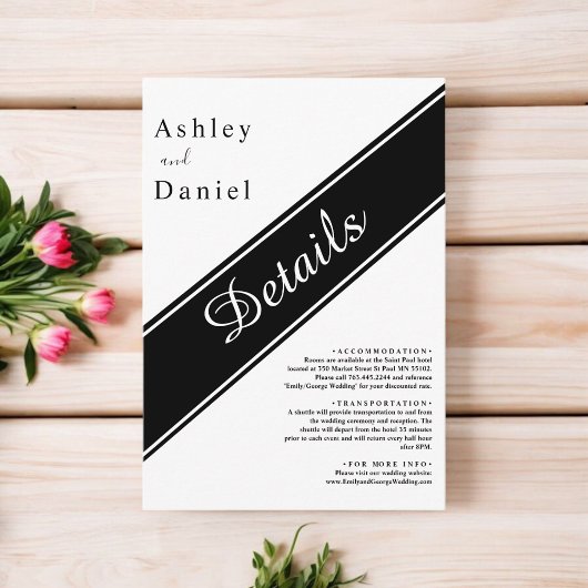 Elegante moderne zwart-wit delicate bruiloft informatiekaartje