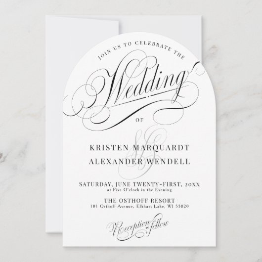 Elegante moderne zwart-wit eenvoudige boog bruilof kaart (Voorkant)