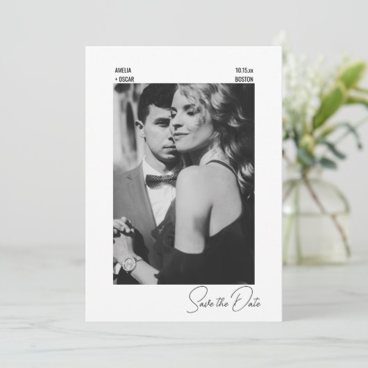 Elegante moderne zwart-wit eigentijdse trouwdag save the date (Staand voorkant)