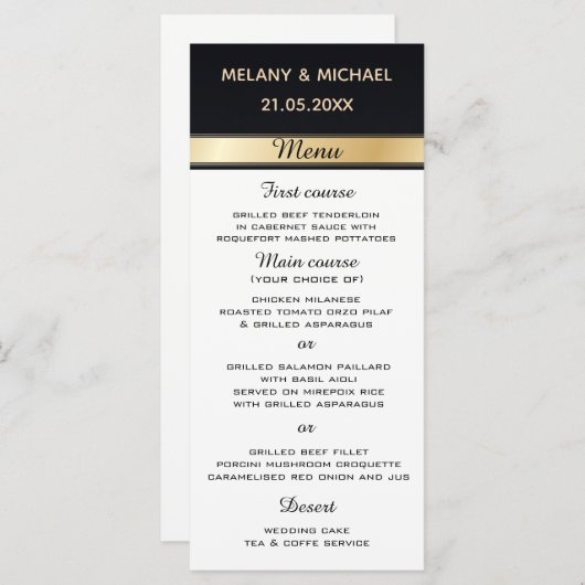 Elegante moderne zwart wit en goud bruiloft menu (Voorkant / Achterkant)