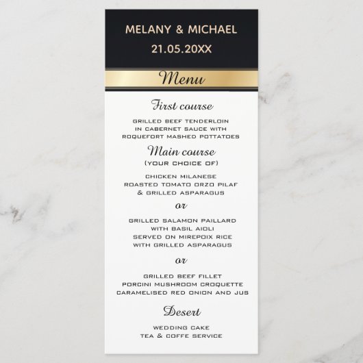 Elegante moderne zwart wit en goud bruiloft menu (Voorkant)