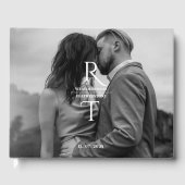 Elegante Moderne Zwart Wit Foto Monogram Huwelijk Gastenboek (Voorkant)