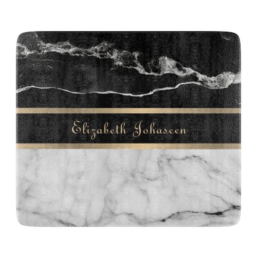 Elegante moderne zwart-wit marmeren gouden strepen snijplank (Voorkant)