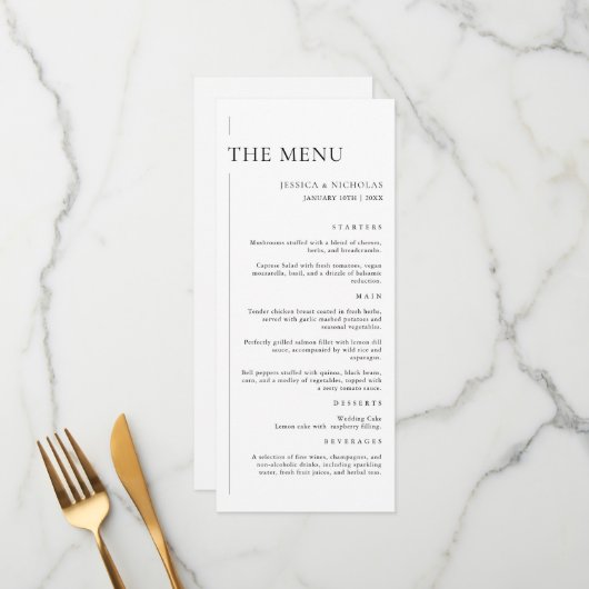 Elegante moderne zwart-wit minimale bruiloft menu (Voorkant / Achterkant in situ)