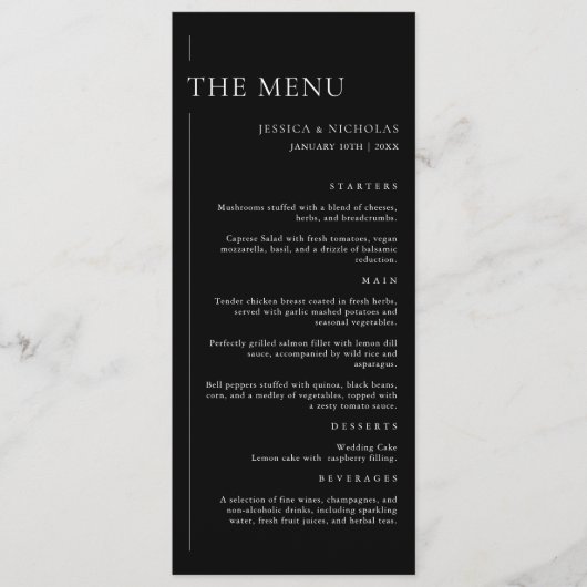 Elegante moderne zwart-wit minimale bruiloft menu (Voorkant)