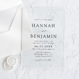 Elegante moderne zwart-wit minimalistische bruilof acryl uitnodigingen