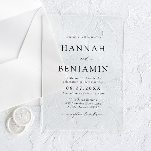 Elegante moderne zwart-wit minimalistische bruilof acryl uitnodigingen