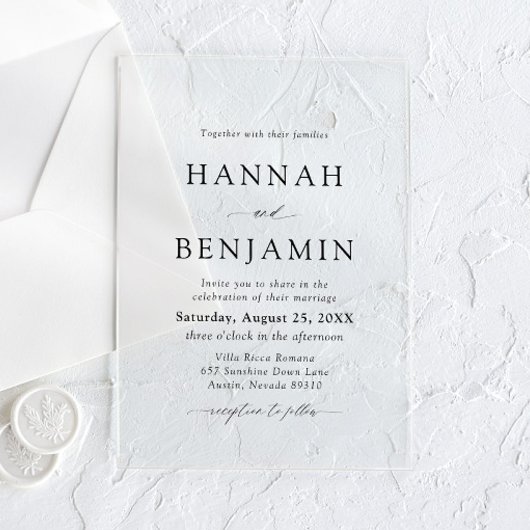 Elegante moderne zwart-wit minimalistische bruilof acryl uitnodigingen