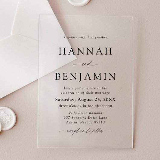 Elegante moderne zwart-wit minimalistische bruilof acryl uitnodigingen