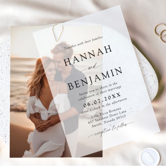 Elegante moderne zwart-wit minimalistische bruilof vellum uitnodigingen