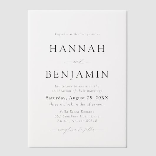 Elegante moderne zwart-wit minimalistische bruilof vellum uitnodigingen (Voorkant)