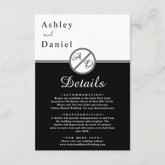 Elegante moderne zwart-wit monogram bruiloft informatiekaartje (Voorkant)