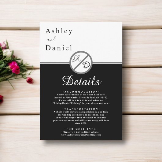 Elegante moderne zwart-wit monogram bruiloft informatiekaartje