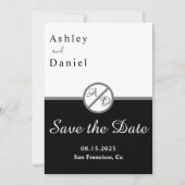Elegante moderne zwart-wit monogram bruiloft save the date (Voorkant)