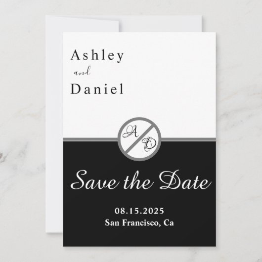 Elegante moderne zwart-wit monogram bruiloft save the date (Voorkant)