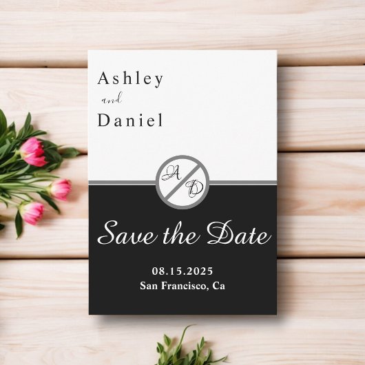 Elegante moderne zwart-wit monogram bruiloft save the date