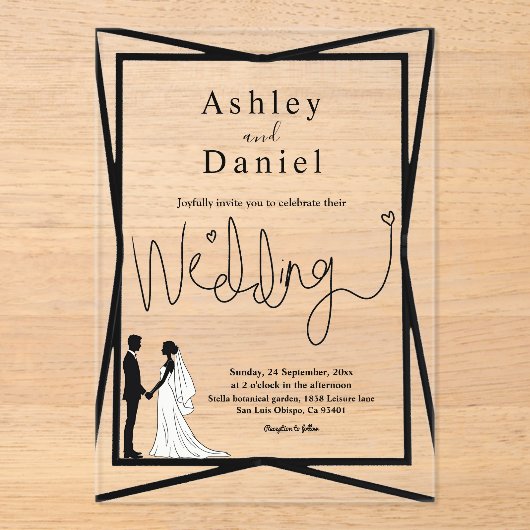 Elegante moderne zwart-wit paar bruiloft acryl uitnodigingen (Voorkant)