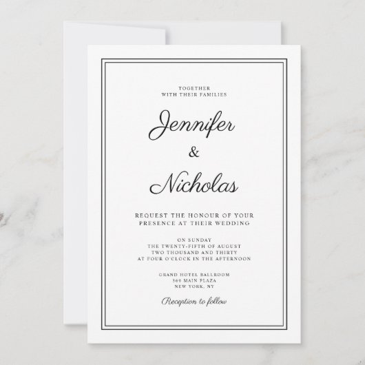 Elegante moderne zwart-wit script bruiloft kaart (Voorkant)