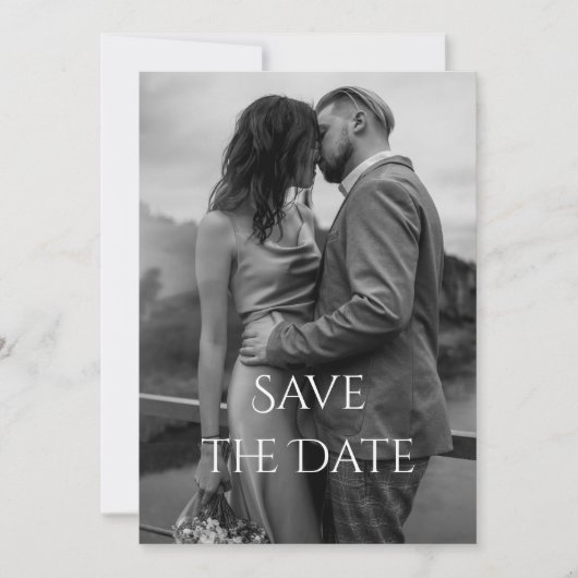 Elegante moderne zwart wit script foto bruiloft save the date (Voorkant)