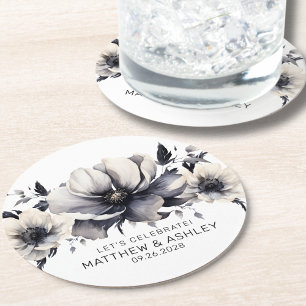 Elegante moderne zwart-witte bloem bruiloft ronde kartonnen onderzetter
