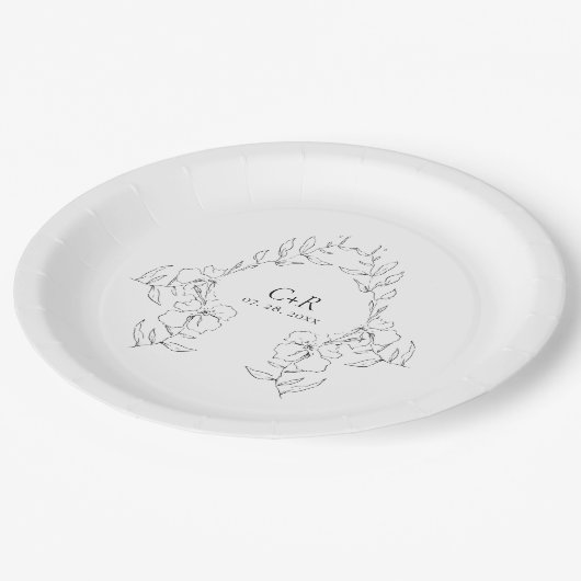 Elegante moderne zwart/witte bloemenkrans papieren bordje (Gekanteld)