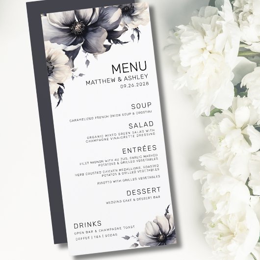 Elegante moderne zwart-witte bloemige bruiloft menu