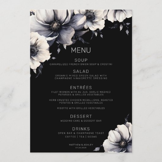 Elegante moderne zwarte anemoon bloemenbruiloft menu (Voorkant)