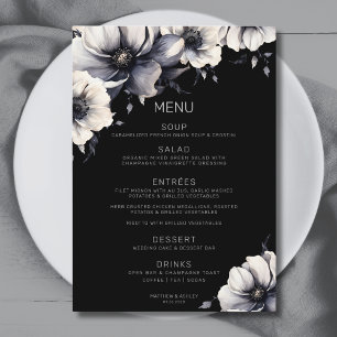 Elegante moderne zwarte anemoon bloemenbruiloft menu