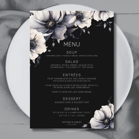 Elegante moderne zwarte anemoon bloemenbruiloft menu