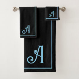 Elegante Moderne Zwarte & Blauwe Monogram Bad Handdoek