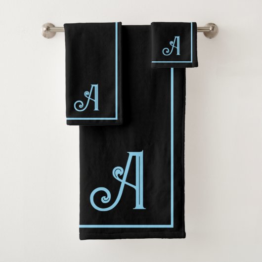 Elegante Moderne Zwarte & Blauwe Monogram   Bad Handdoek (Insitu)
