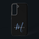 Elegante Moderne Zwarte Blauwe Script Monogram Samsung Galaxy Hoesje<br><div class="desc">Elegante Moderne Zwarte Blauwe Script Monogram Hoesje.  Een elegante blauwe script monogram gecombineerd met een schoon wit sans-serif lettertype geeft een hedendaagse look.</div>