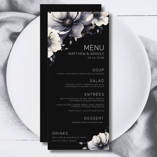 Elegante moderne zwarte bloem bruiloft menu