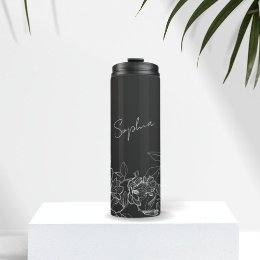 Elegante Moderne Zwarte Bloemen Thermische Tumbler Thermosbeker