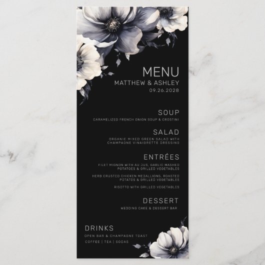 Elegante moderne zwarte bloemenbruiloft menu (Voorkant)