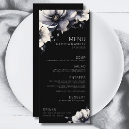 Elegante moderne zwarte bloemenbruiloft menu