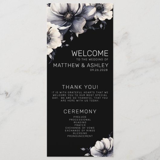 Elegante moderne zwarte bloemenbruiloft programmakaart (Voorkant)