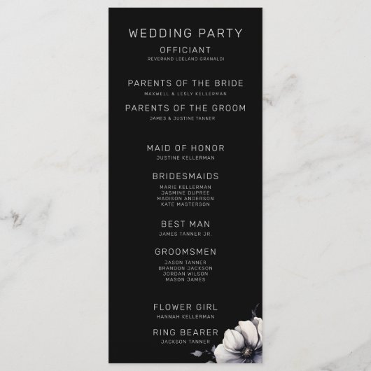 Elegante moderne zwarte bloemenbruiloft programmakaart (Achterkant)