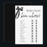 Elegante moderne zwarte boog die is geweest waar h kaart<br><div class="desc">Maak kennis met de gasten met dit leuke en interactieve "Wie is waar geweest?" vrijgezellenfeest spel 🖤🎀! Met een chique minimalistisch ontwerp van de zwarte boog nodigt dit spel gasten uit om plaatsen te bekijken die ze hebben bezocht - wie de meest unieke ervaringen heeft, wint! 🌍✈️ Perfect voor een...</div>