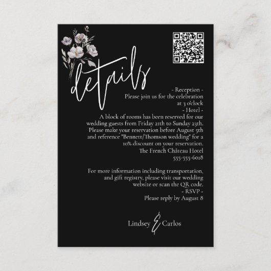 Elegante moderne zwarte bruiloft details QR-code Informatiekaartje (Voorkant)