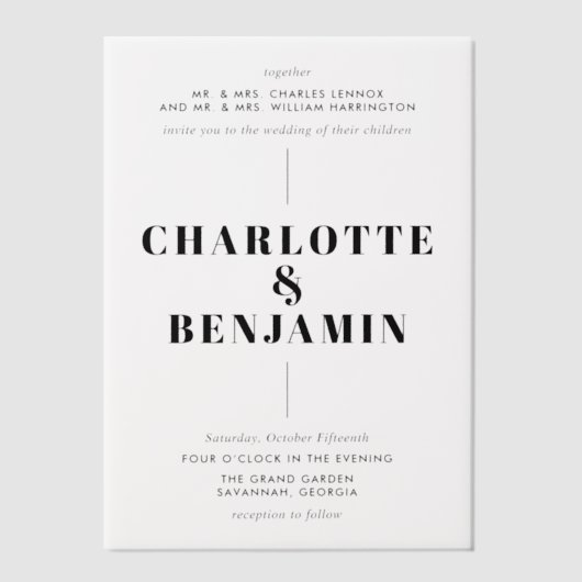 Elegante moderne zwarte bruiloft vellum uitnodigingen (Voorkant)