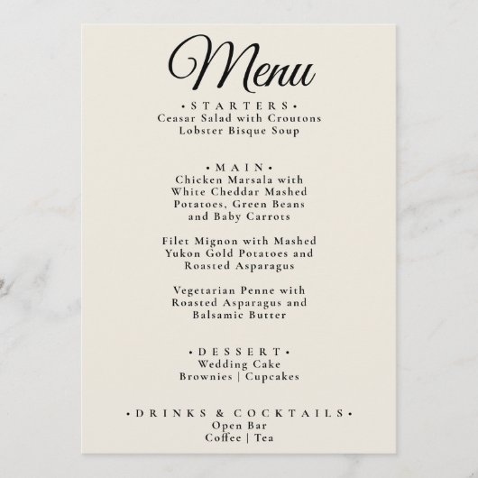 Elegante moderne zwarte crème vet retro bruiloft menu (Voorkant)