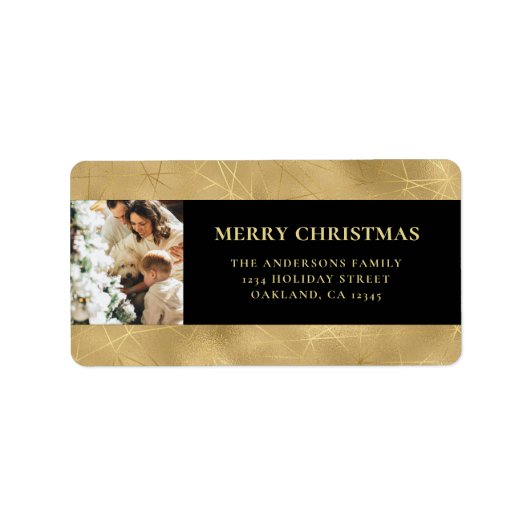 Elegante moderne zwarte en faux gouden kerstfoto etiket (Voorkant)