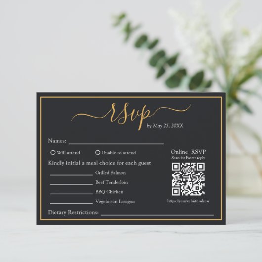Elegante moderne zwarte en gouden rand QR-code RSV RSVP Kaartje (Staand voorkant)