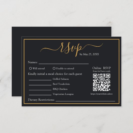 Elegante moderne zwarte en gouden rand QR-code RSV RSVP Kaartje (Voorkant / Achterkant)