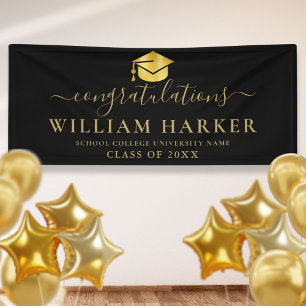 Elegante Moderne Zwarte en Gouden Script Afstudere Spandoek