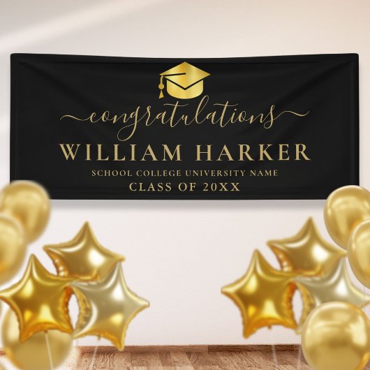 Elegante Moderne Zwarte en Gouden Script Afstudere Spandoek