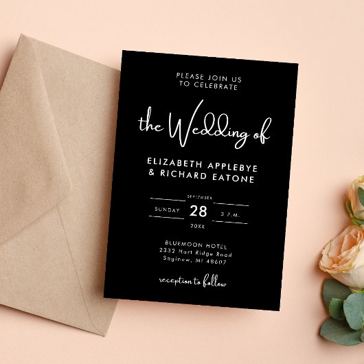 Elegante & Moderne Zwarte en Witte Bruiloft Kaart