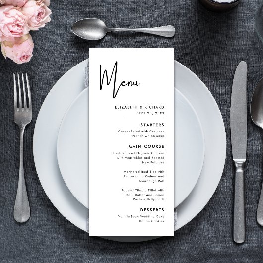 Elegante & Moderne Zwarte en Witte Bruiloft Menu