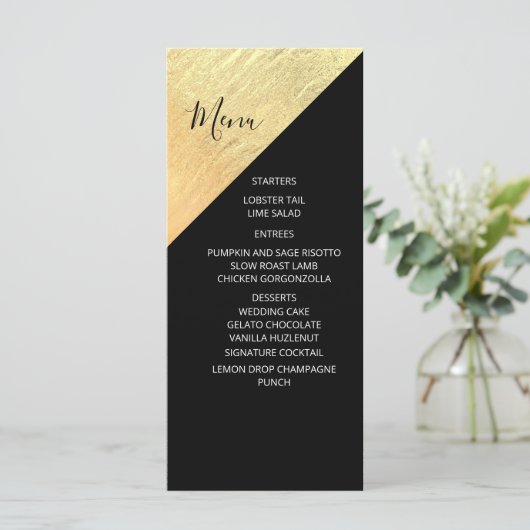 Elegante Moderne Zwarte & Gouden Folie Bruiloft Menu (Staand voorkant)